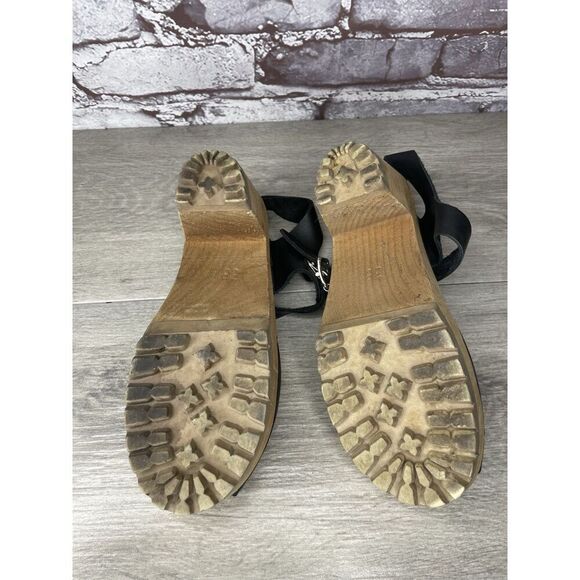 Swedish Hasbeens Black Leather Wooden Heel Peep Toe Ankle Strap Sandals Women 38 - Picture 7 of 16